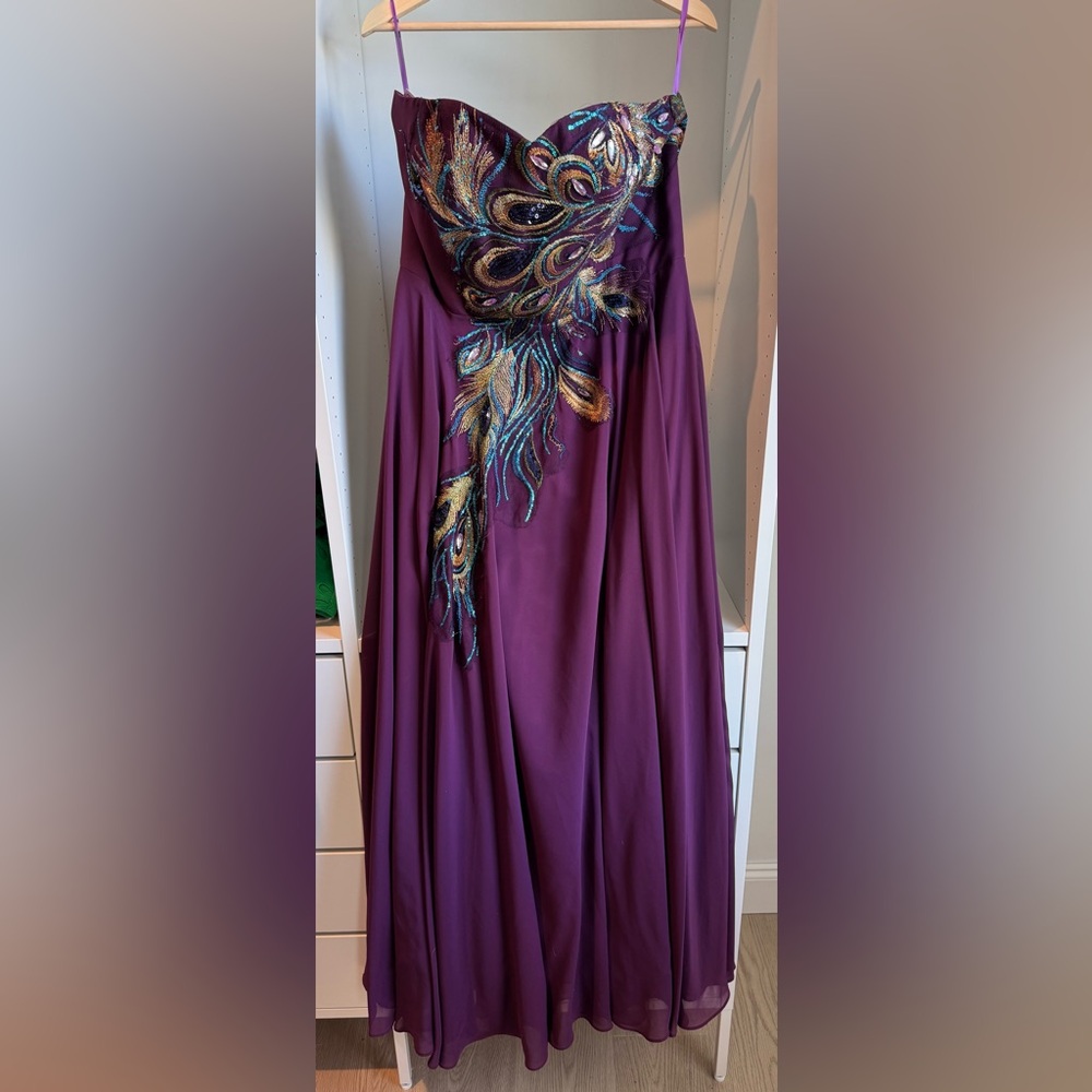 Grace Karin Strapless Plum Evening Gown with Gold & Teal Embroidery